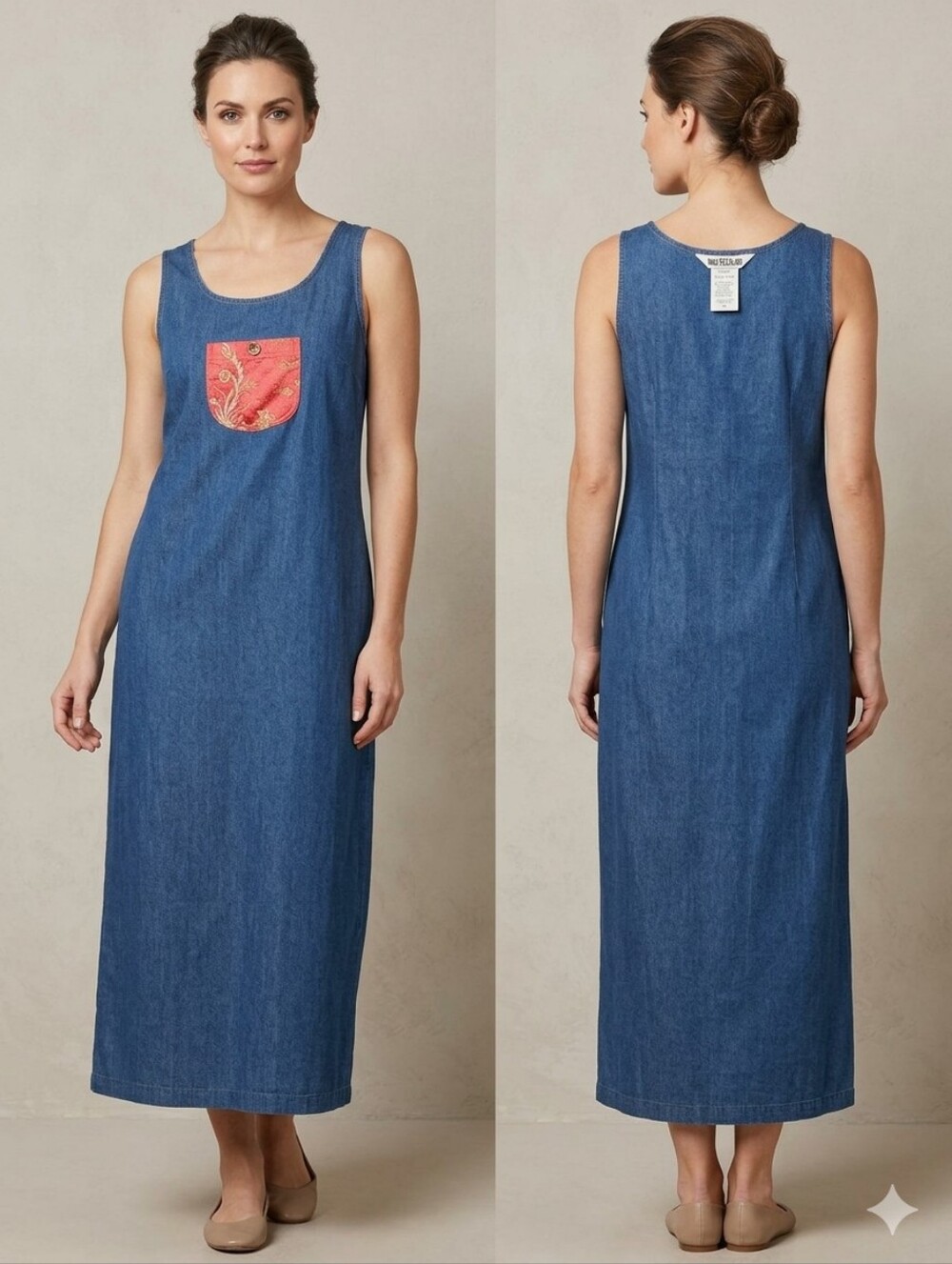 Nina Piccalino Navy Maxi Tank Dress with Red Embroidered Pocket VINTAGE Size 8